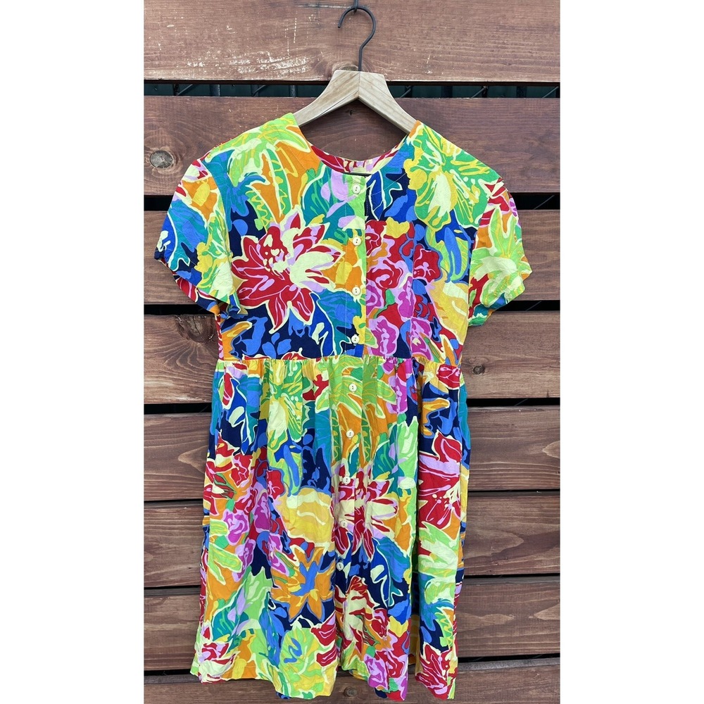 Vtg Hilo Hattie Hawaiian Lua‎ Rayon Crinkle Baby Doll Dress Pockets *Size Small